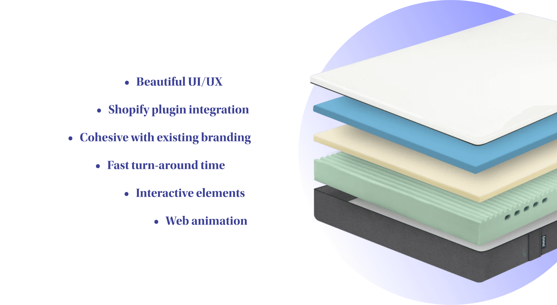 Layers of pastel-colored sheets stacked to form the layers of a mattress along with a list of features seen on the website.