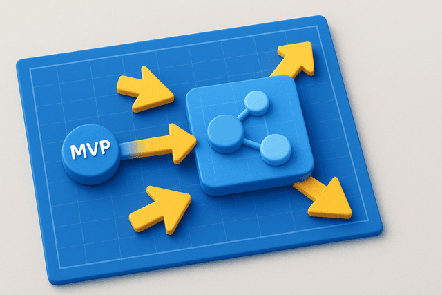 Blueprint with interconnected nodes and outward-expanding arrows, illustrating the scaling journey from a small MVP to a robust, fully developed product platform, on a light gray background.