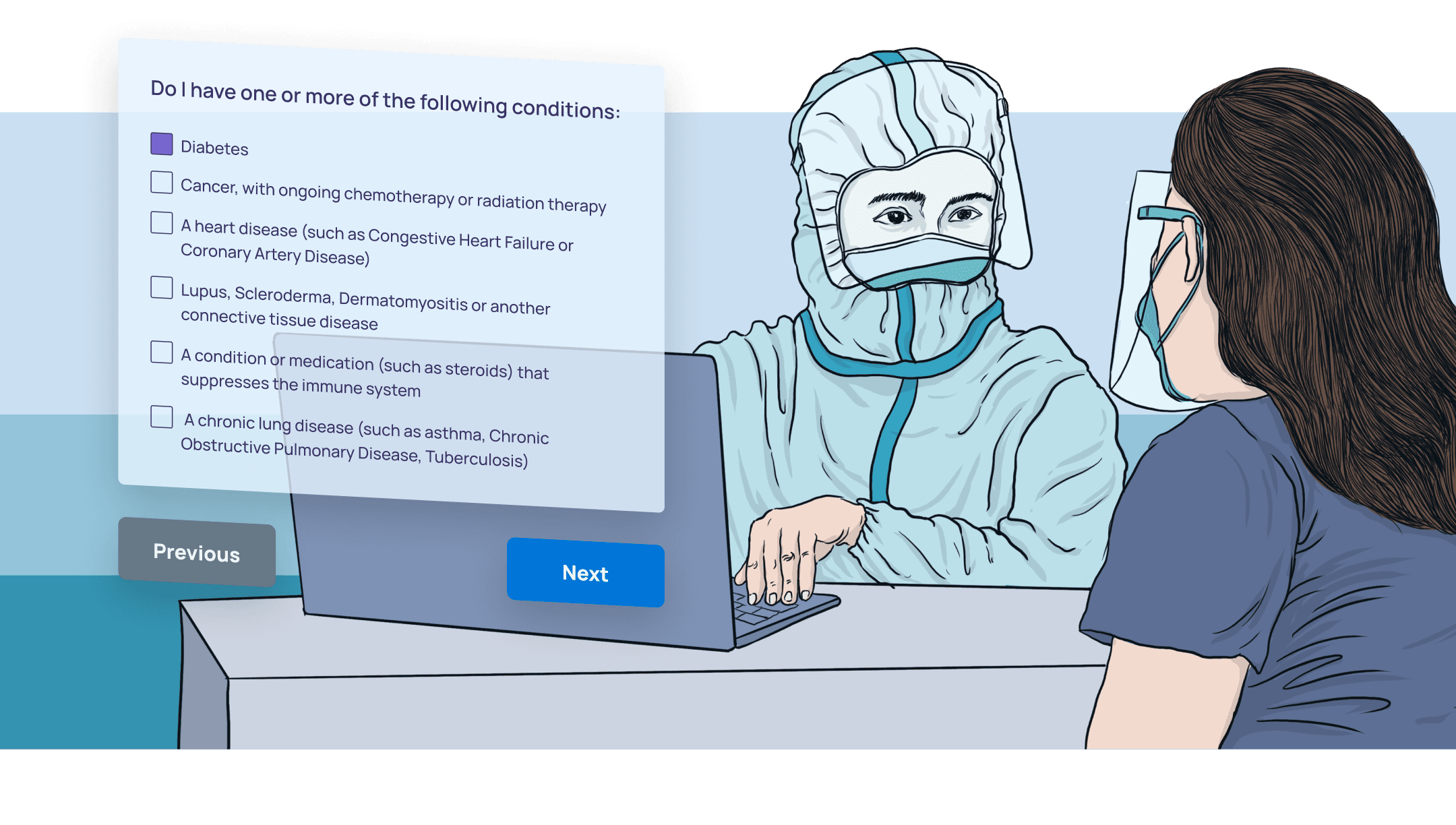 A minimalist cartoon illustration of a doctor in personal protective equipment filling out a virtual form of an individual.