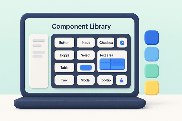 Open computer screen displaying a grid of labeled UI component cards alongside color swatches, representing a complete UI system with documentation and guidelines, on a white workspace background.