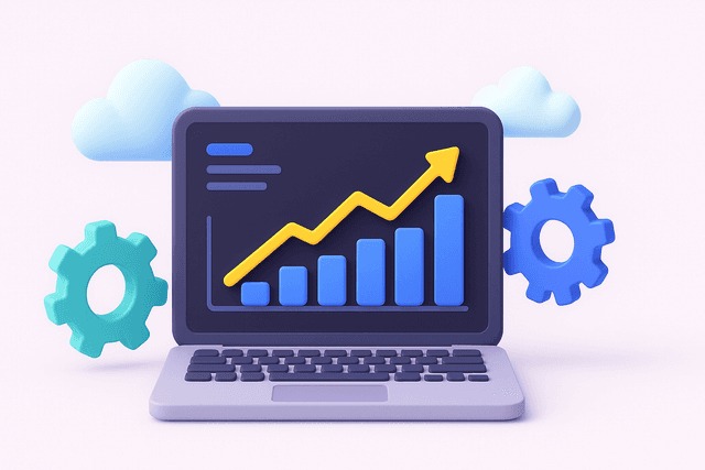 Open laptop displaying a dashboard with bar graphs and a rising line, surrounded by gears and clouds on a light background.