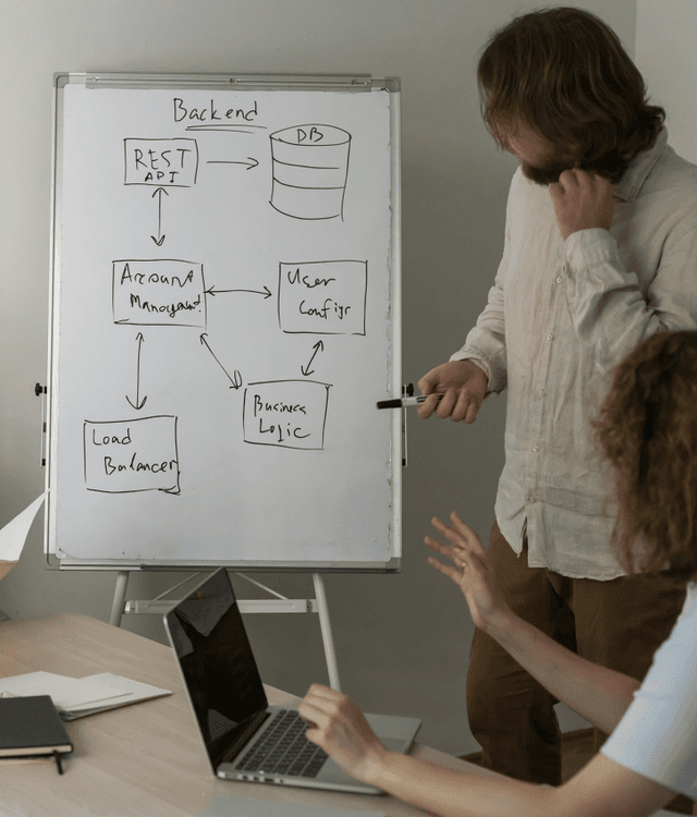 Software consulting and solution design illustration with collaborative team at whiteboard reviewing backend architecture and technology strategy.