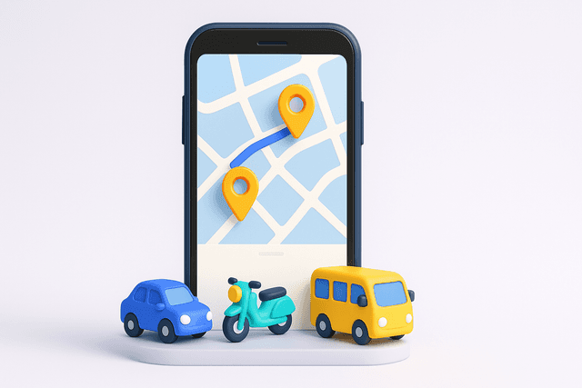 Smartphone displaying a ride-hailing app interface with a map and two highlighted pickup points, with car, motorcycle, and shuttle bus icons arranged along the bottom of the phone screen, on a light gray background.