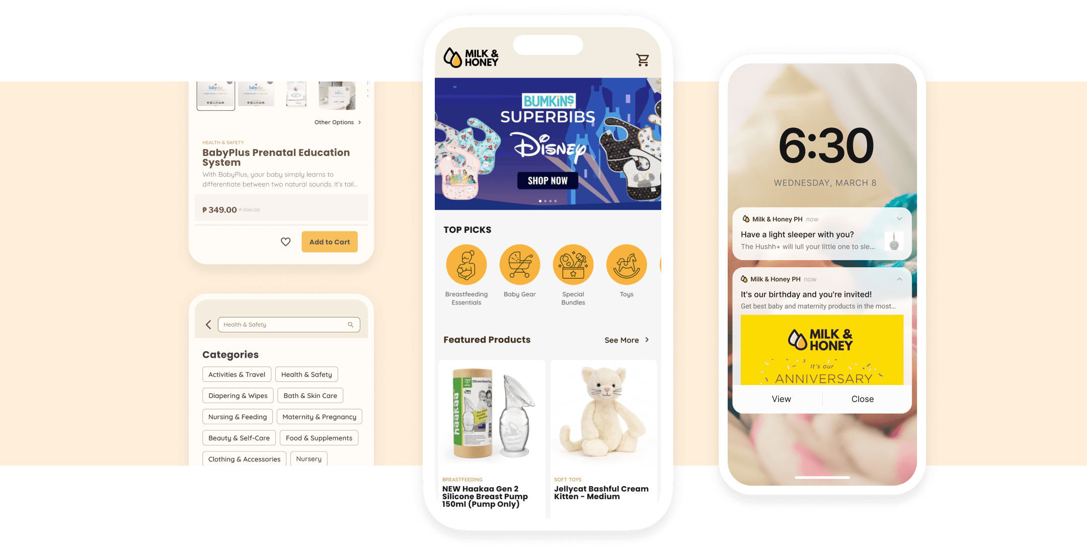 The milk & honey mobile product page, categories, home screen, notifications laid out from left to right.