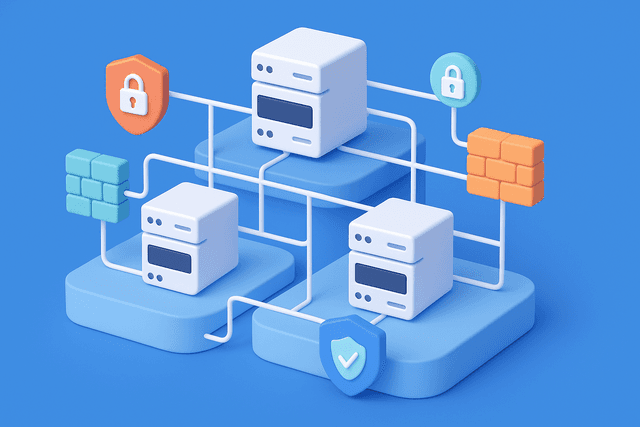 Layered network diagram showing interconnected servers, firewalls, and security icons on a blue background.