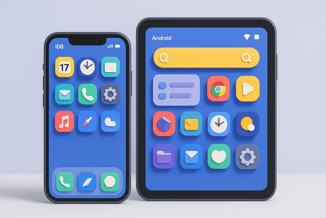 Smartphone and tablet showcasing a sleek, modern interface design for both iOS and Android, featuring vibrant icons and intuitive layout elements, on a light gray background.
