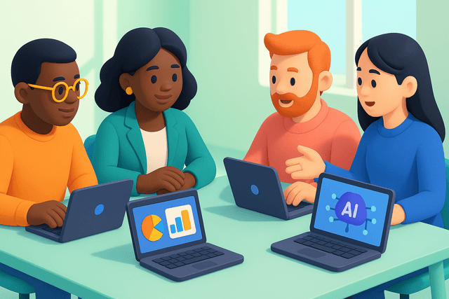 Group of diverse professionals collaborating around a table with laptops, displaying charts and diagrams on screens, in a bright office setting.