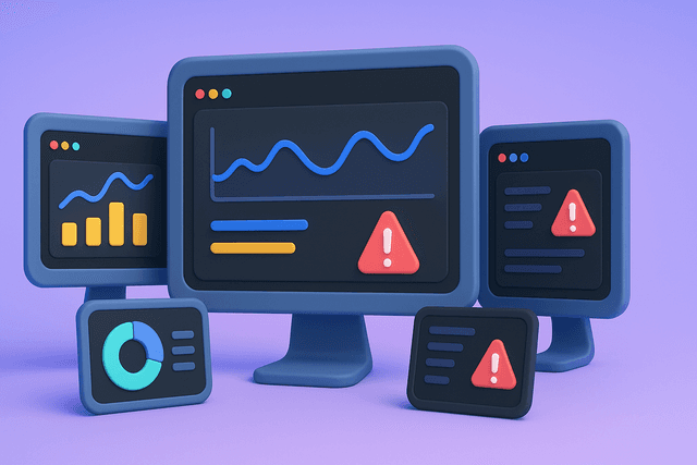 Multiple computer screens displaying real-time threat monitoring dashboards, with graphs and alerts on a dark background.