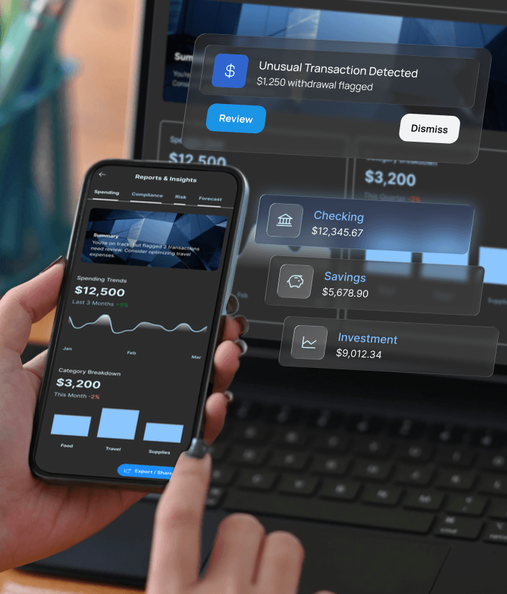Progressive web app development illustration with financial dashboard used across mobile and desktop, representing cross-platform PWAs with real-time data insights.