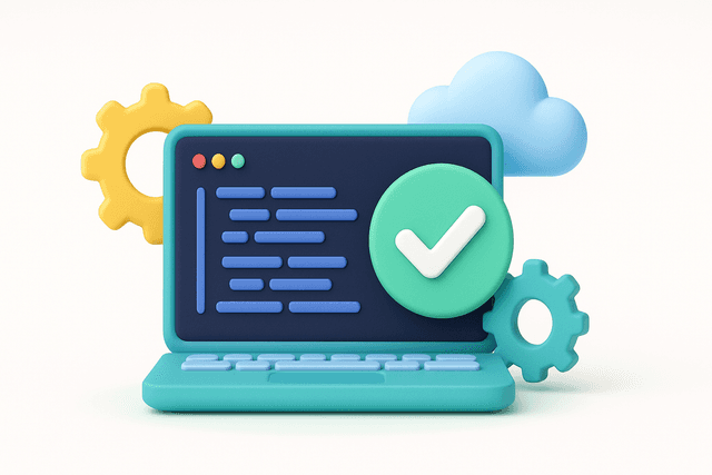 Laptop displaying a code editor interface with a green checkmark icon, surrounded by gears and a cloud on a white background.