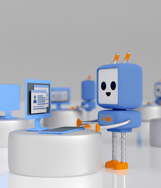 AI agent development illustration showing autonomous bots interacting with business systems and workflows, representing end-to-end AI automation and intelligent decision-making services.