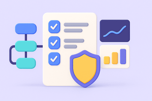 Document with a checklist and a shield icon, accompanied by flowcharts and graphs, on a light gray background.