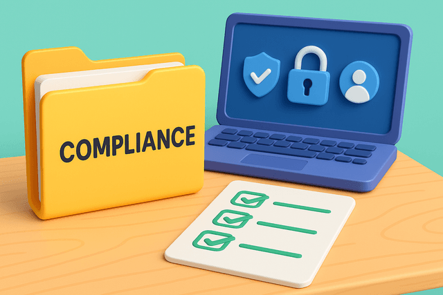 Document folder labeled 'Compliance' beside a checklist with green checkmarks on a wooden desk, with a laptop displaying security icons in the background.