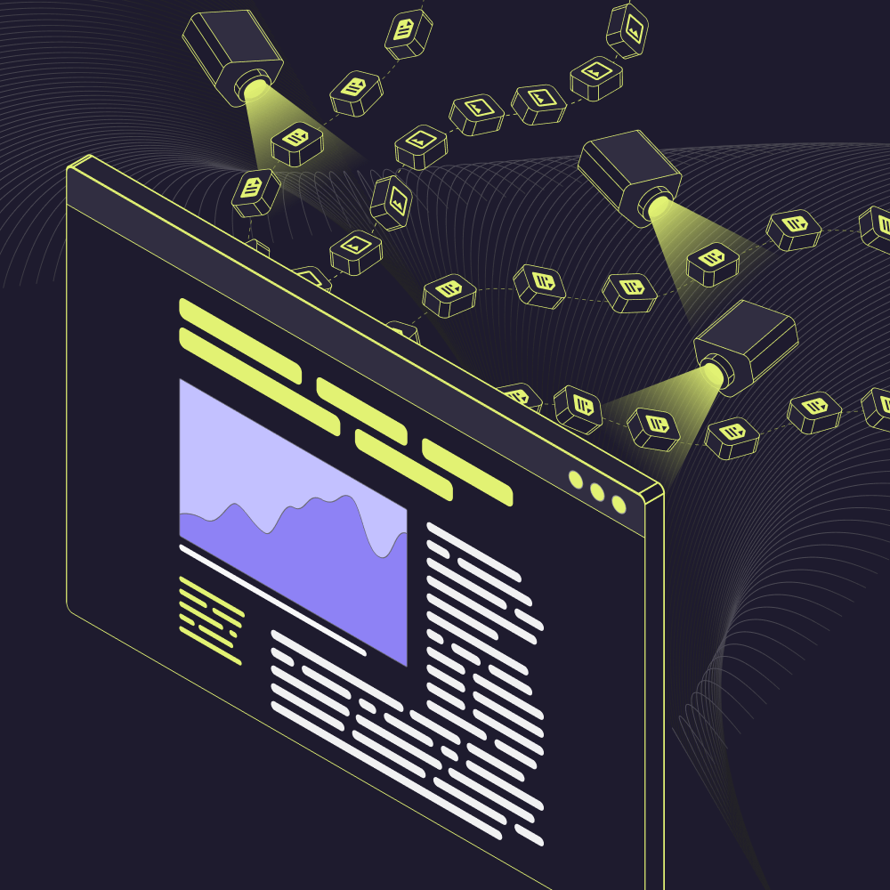 Conceptual illustration of AI bots extracting data from a website, automated scraping and content harvesting risks.