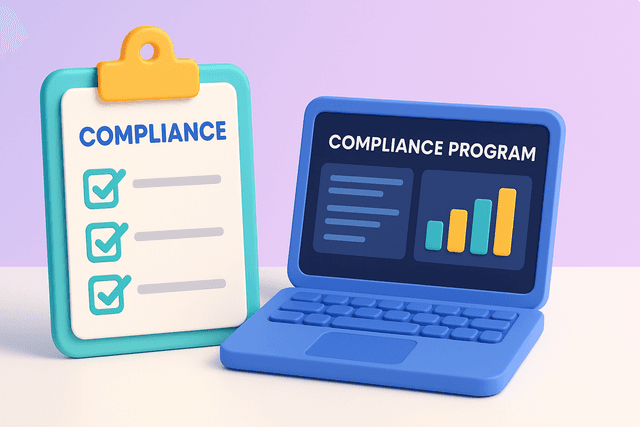 Checklist on a clipboard with three ticked boxes, alongside a laptop displaying compliance program metrics on a white desk.