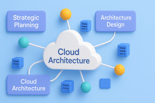 Cloud architecture diagram featuring interconnected nodes and server icons, with strategic planning text boxes arranged on a light blue background.
