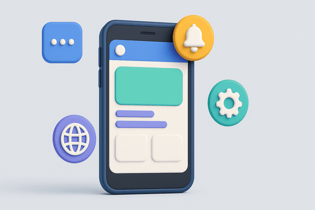 Smartphone displaying a mobile app interface with website elements, surrounded by icons representing features like notifications and settings on a light gray background.
