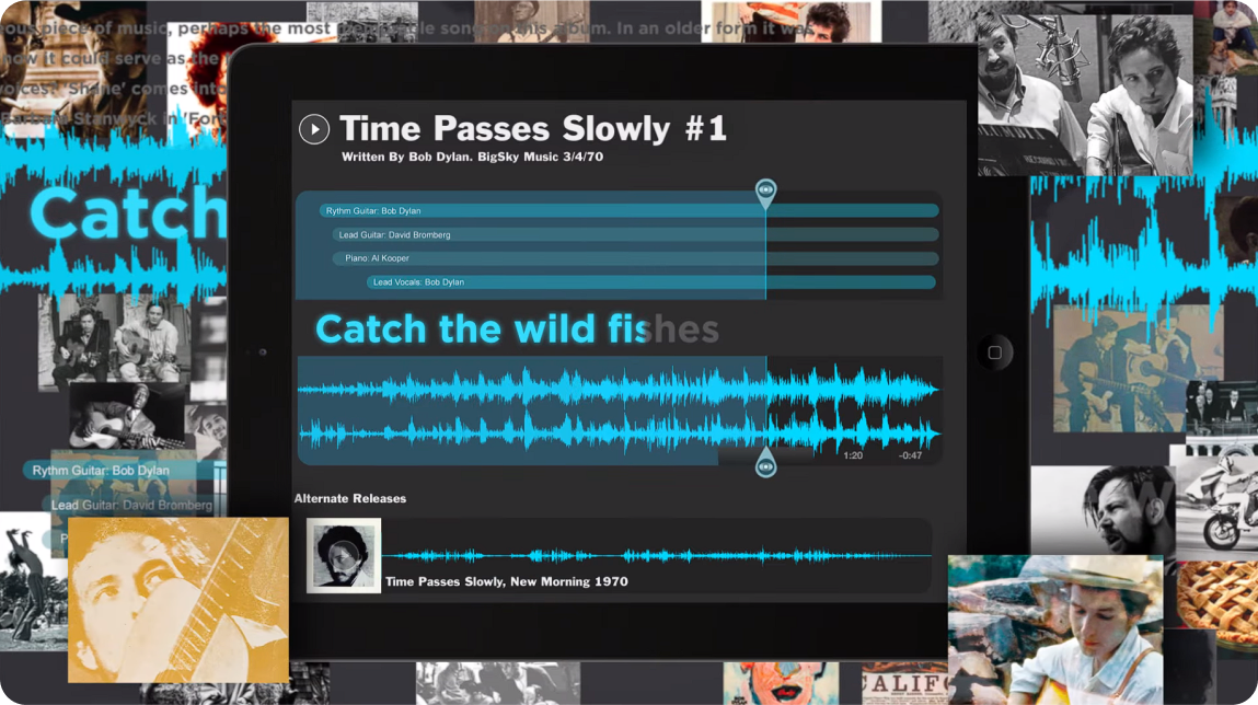 A music player playing Time Passes Slowly with lyrics and waveforms of the song shown with a background collage of Bob Dylan.