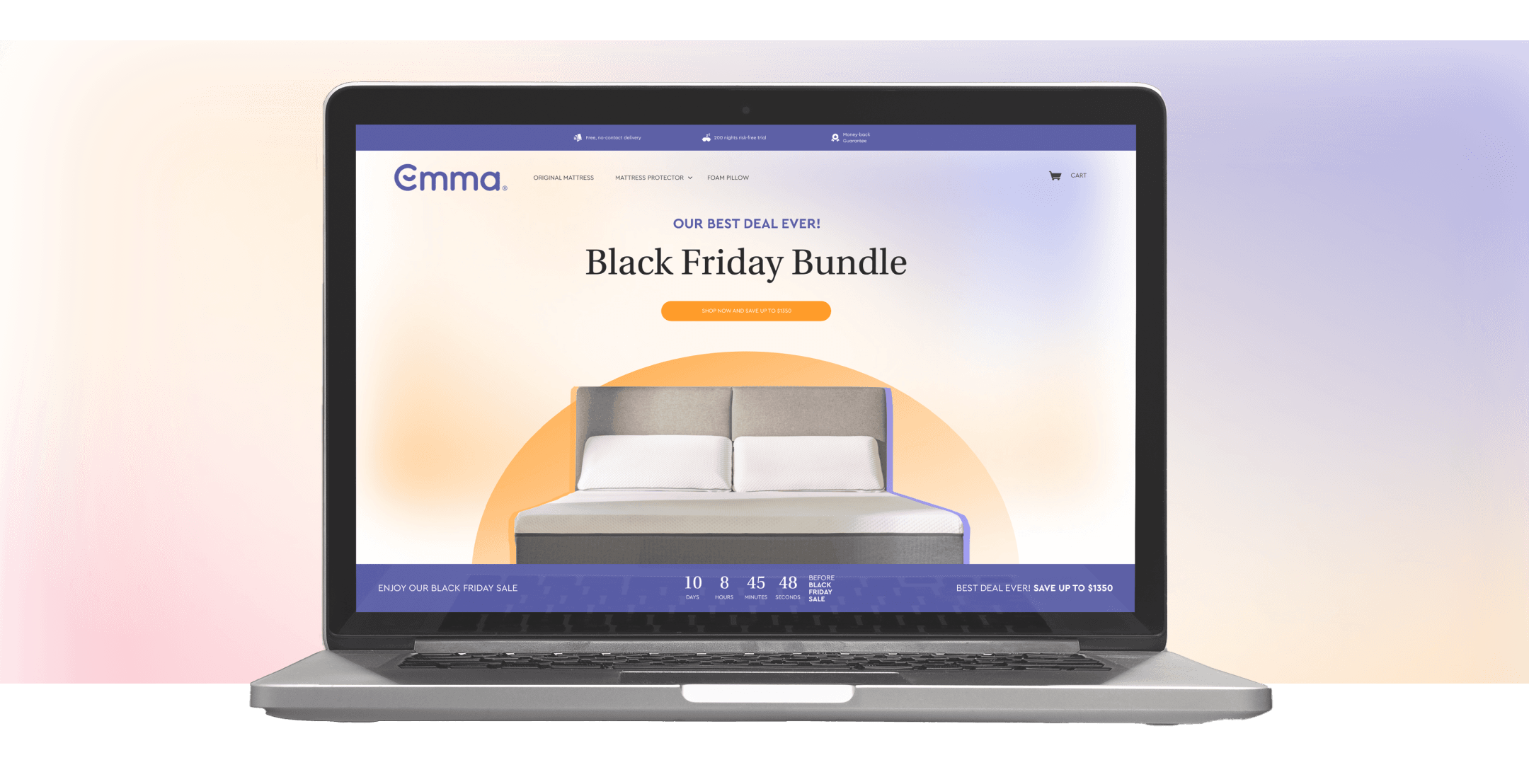 A laptop with the Emma store website on its page displaying the Black Friday Bundle and a dark brown modern-style bed.