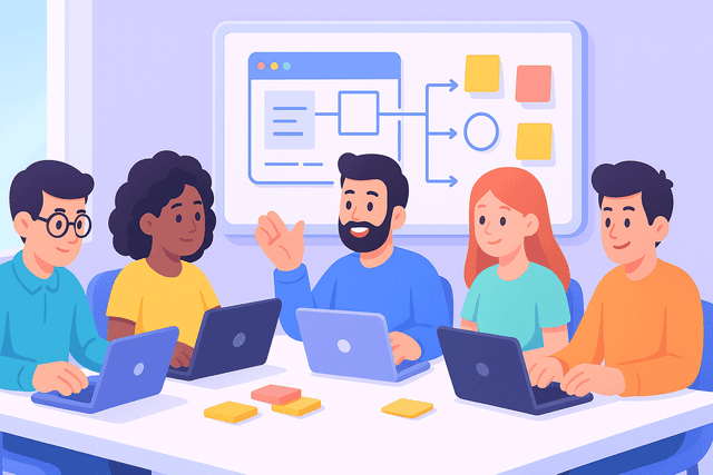 Team of five developers collaborating at a large table with laptops, sticky notes, and a whiteboard filled with diagrams on a bright office background.