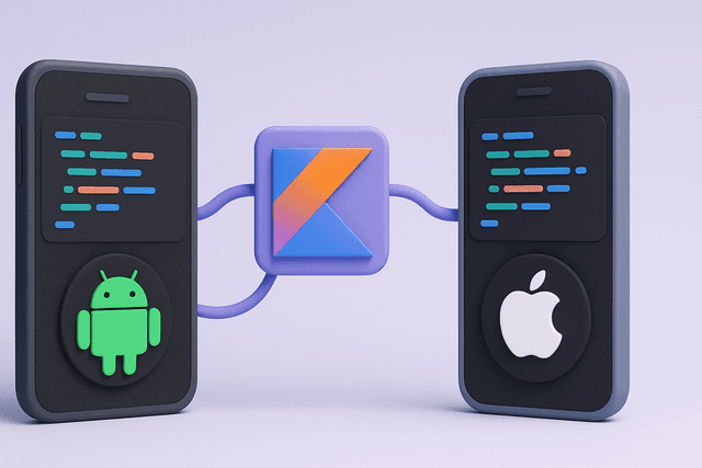 Two smartphones displaying code snippets, one with an Android logo and the other with an iOS logo, connected by a central Kotlin logo, all set against a gray background.