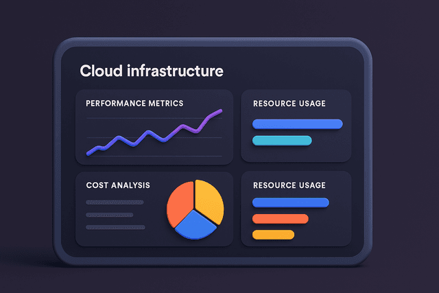 Cloud infrastructure dashboard displaying performance metrics and cost analysis charts, with colored graphs and a list of resource usage on a dark background.