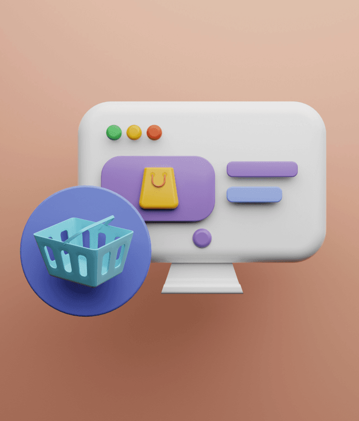 E-commerce web development illustration with shopping cart and online storefront, symbolizing secure, scalable, and custom online store solutions.