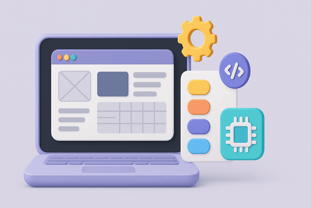 Open laptop displaying a wireframe interface with a color palette and technology icons on a light gray background.