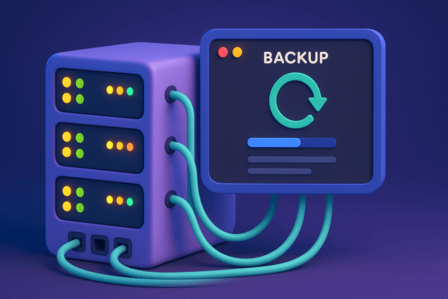 Server rack with blinking lights and cables, displaying a backup system interface on a screen, in a dimly lit data center.