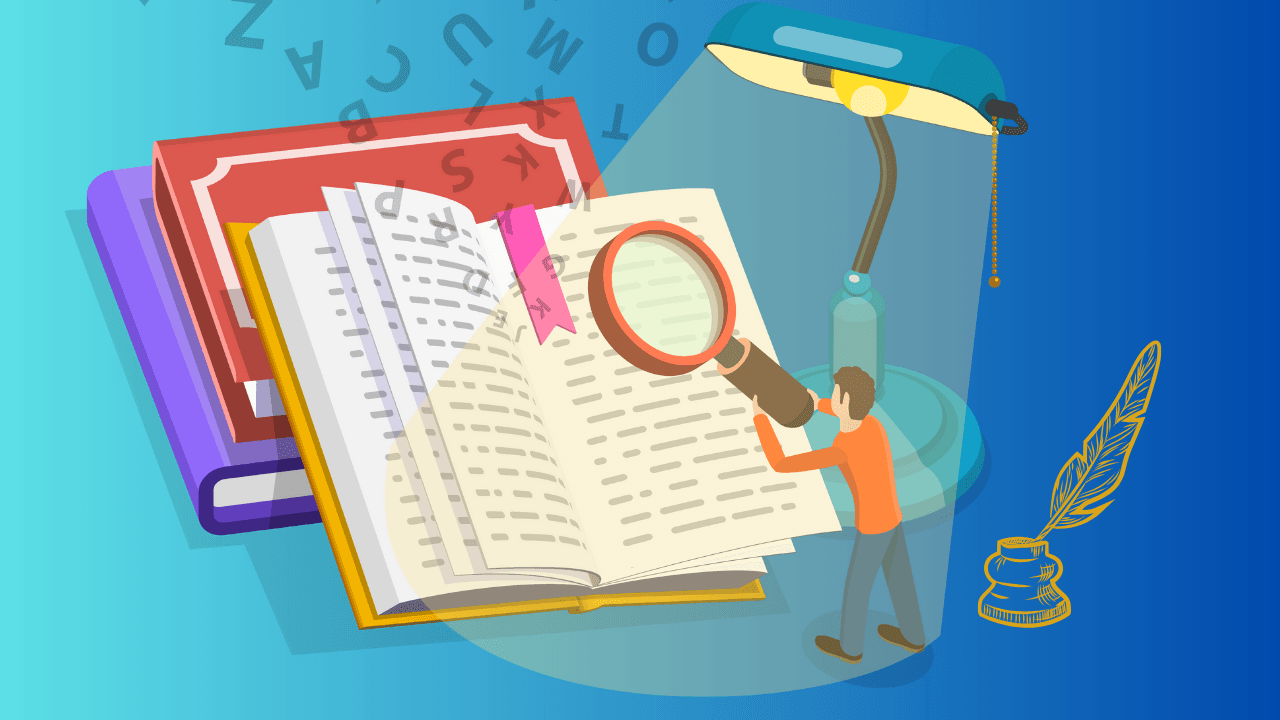 Illustration of a small human figure examining an open book with a magnifying glass, surrounded by flying letters, stacked books, a lamp, and a feather pen, symbolizing the complexity of organizing documentation.