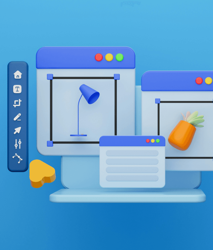 Responsive web design illustration with multiple device screens and editing tools, symbolizing adaptive website design for desktop, tablet, and mobile.