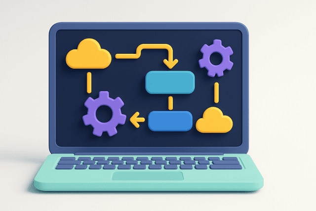 Laptop displaying a flowchart of DevOps processes with gears and cloud icons, set against a light gray background.
