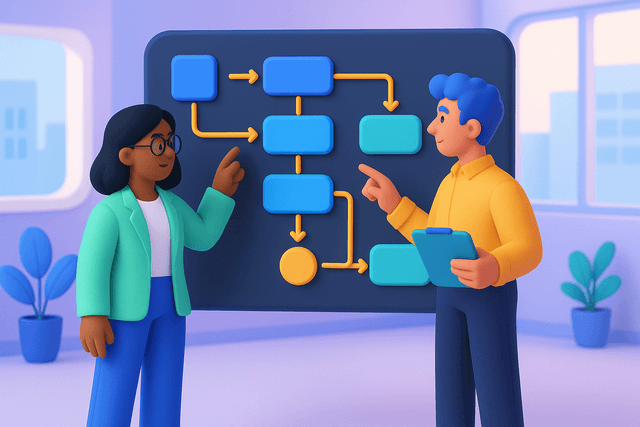 Two professionals examining a large digital screen displaying a flowchart with interconnected steps, set against a modern office backdrop.