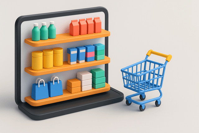 Tablet screen topped with 3D shelves stocked with products like a supermarket, alongside a 3D shopping cart, on a light gray background.