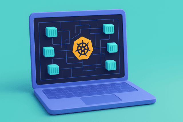 Open laptop displaying a blueprint of a Kubernetes architecture, with container icons and interconnected lines on a dark background.