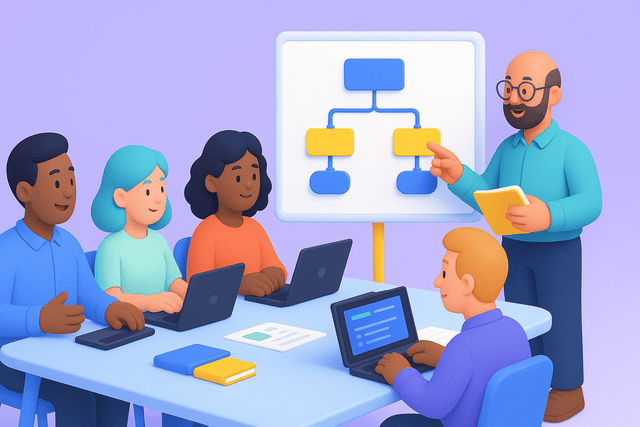 Group of five professionals in a meeting room discussing training materials with laptops and a whiteboard displaying a flowchart.