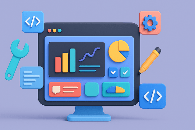 Desktop computer screen displaying a modernized user interface with colorful charts and icons, surrounded by tools and code snippets on a gray background.