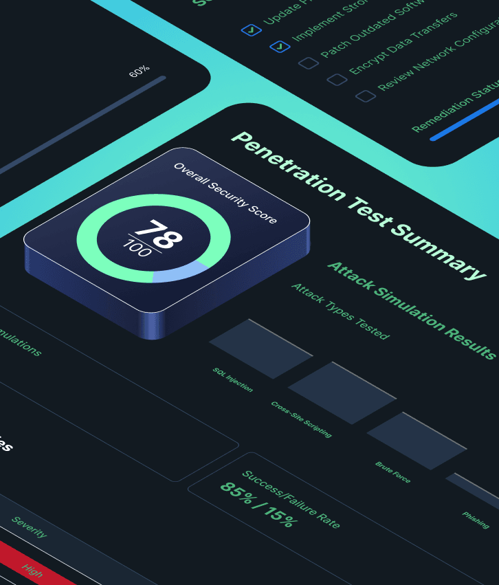 Cybersecurity penetration testing dashboard showing simulated attack outcomes, vulnerability scores, and system weaknesses, symbolizing penetration testing and vulnerability assessment services.