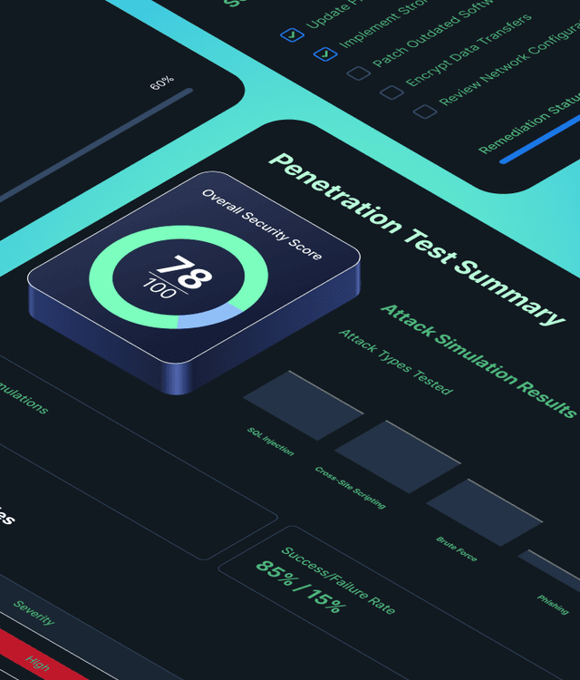 Cybersecurity penetration testing dashboard showing simulated attack outcomes, vulnerability scores, and system weaknesses, symbolizing penetration testing and vulnerability assessment services.