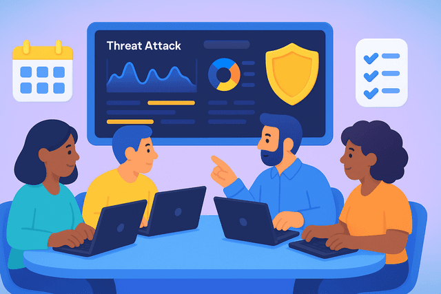 Team of security professionals collaborating at a conference table, reviewing incident response plans on laptops and monitoring threat dashboards on a large wall screen, with calendar and checklist icons symbolizing regular updates and testing, and a shield icon representing security readiness.