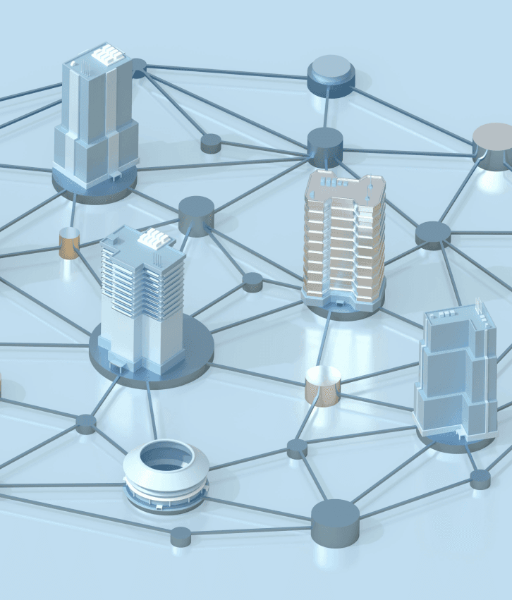 System integration and database development network graphic showing connected applications and data pipelines across business systems.