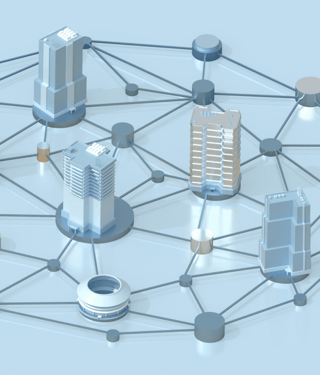 System integration and database development network graphic showing connected applications and data pipelines across business systems.