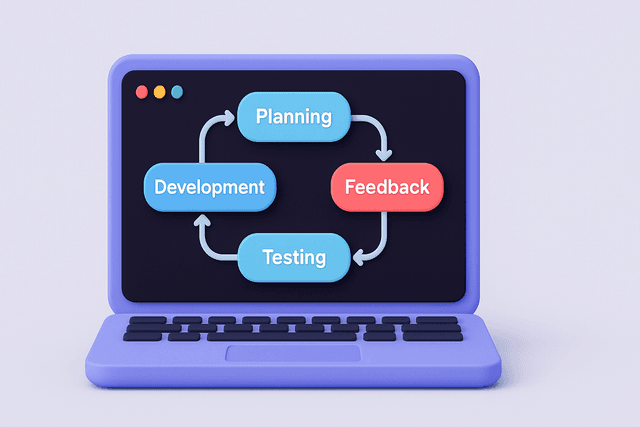 Open laptop displaying a flowchart with five interconnected boxes labeled Planning, Development, Testing, Launch, and Feedback, representing a comprehensive SaaS platform strategy for subscription software development and launch, on a light gray background.