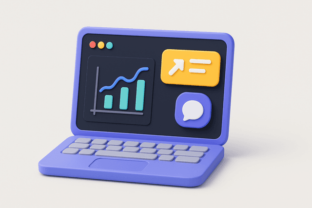Open laptop displaying a dashboard with real-time monitoring graphs, update notifications, and support chat icon on a light gray background.