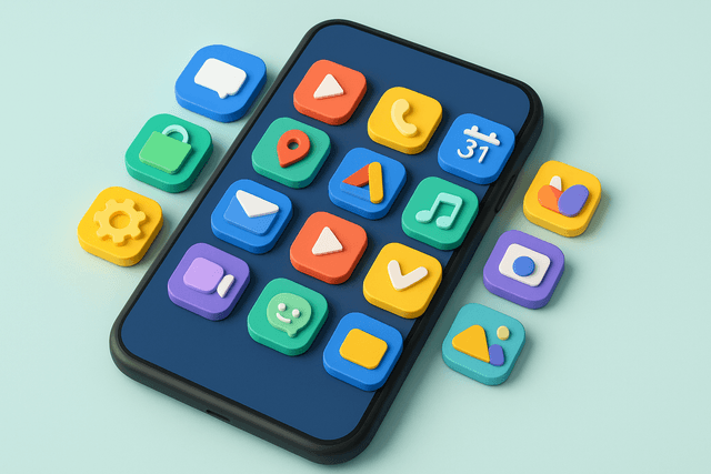 Smartphone displaying multiple colorful app icons, arranged on a grid, against a light background.