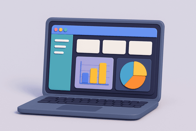 Open laptop displaying a modernized content management interface with colorful graphs and a navigation menu, set against a light gray background.