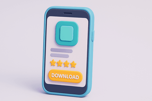 Mobile device displaying an app store page with a prominent download button and star rating, on a light gray background.