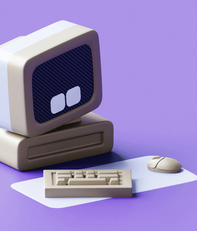 Legacy system modernization illustration with retro computer transforming into modern microservices architecture, representing cloud migration and modernization services.