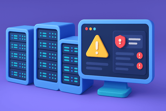 Server room with multiple racks of servers and a digital dashboard displaying security alerts on a dark background.