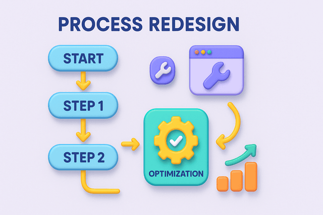 Flowchart illustrating a process redesign with clearly labeled steps and optimization icons, representing workflow innovation consulting for automation readiness, on a light gray background.